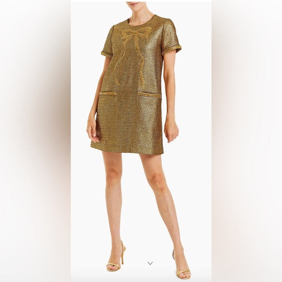 NWT MESTIZA NEW YORK Ainslee Gold Tweed Beaded Bow Mini Dress, Size XS - Picture 4 of 4